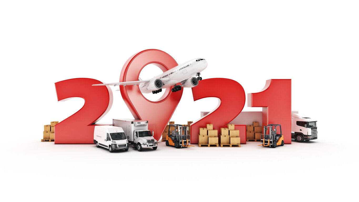 Global supply chain 3D rendering of cargo and transportation with trucks, airplane, and forklifts with the number 2021 in red