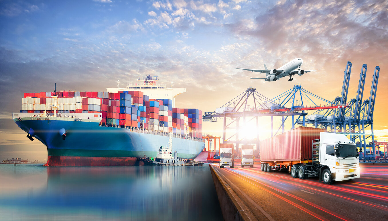 Global supply chains and business logistics import export background and container cargo freight ship transport with climate change and sustainability practices concept