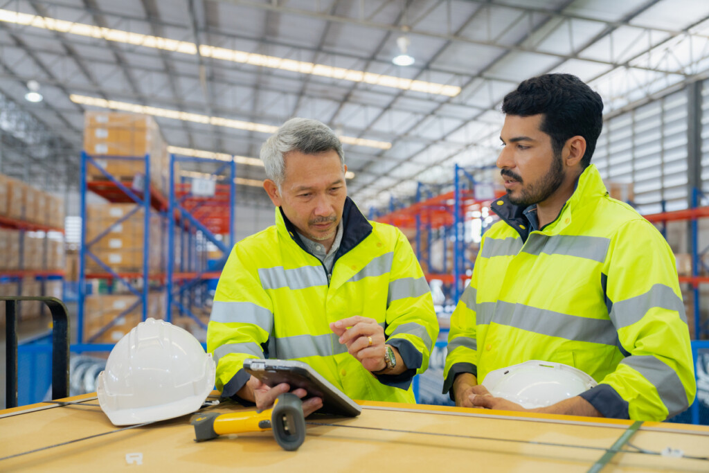 Mature man and younger man employees discussing inventory forecasting over a digital tablet in a large third party logistics warehouse