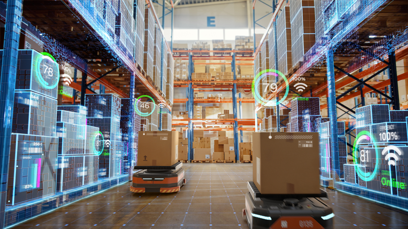 Multichannel Fulfillment Automation: Future technology concept with AGV robots delivering cardboard boxes in a distribution logistics center, showcasing the seamless integration of order fulfillment across various sales channels.