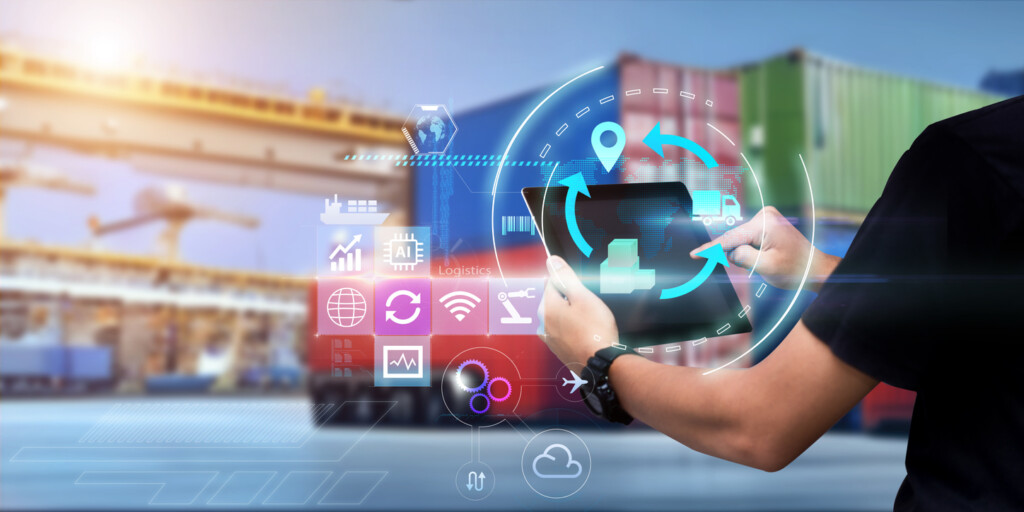 Business Logistics technology. Hands using tablet with supply chain efficiency icons around it over blurred cargo port as background