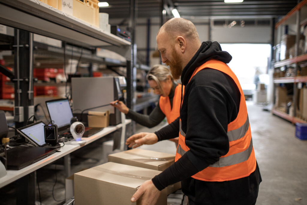 Two warehouse workers on a packing and delivery production line, exemplifying the collaborative efforts in Dedicated Facility Management for efficient order fulfillment.