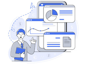 Cartoon flat vector illustration depicting a young man explaining the implementation of a Chargeback Prevention Framework. He is using graphs, diagrams, and charts to illustrate strategies for preventing chargeback incidents and detecting fraud in financial transactions.