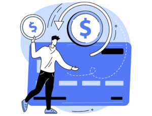 Vector illustration depicting a conceptual representation of chargeback. The image includes symbols of payment dispute, payback, credit and debit card chargeback, return on bank account, retailer money transfer, and retrieval request. Abstract metaphor for chargeback processes in ecommerce.