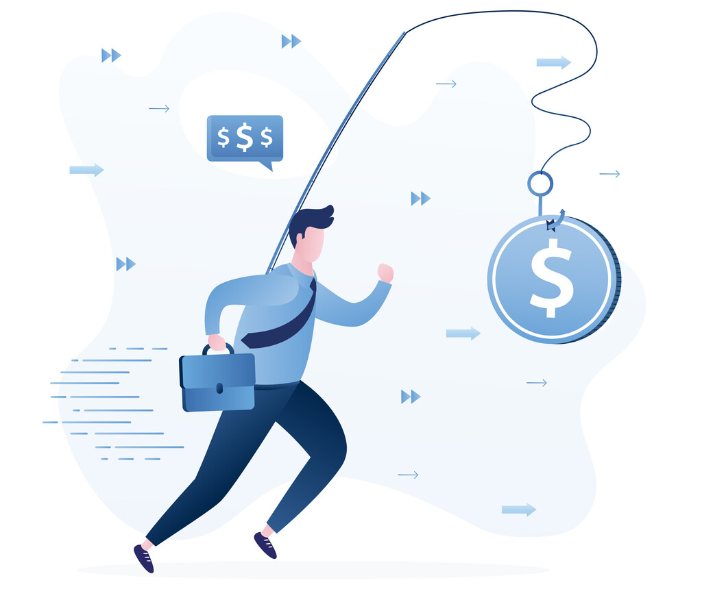 Vector illustration depicting the concept of Chargeback Fraud. A businessman is shown running with a briefcase while holding a coin on a fishing rod. Symbolizing fraudulent financial transactions and deceptive practices in business.