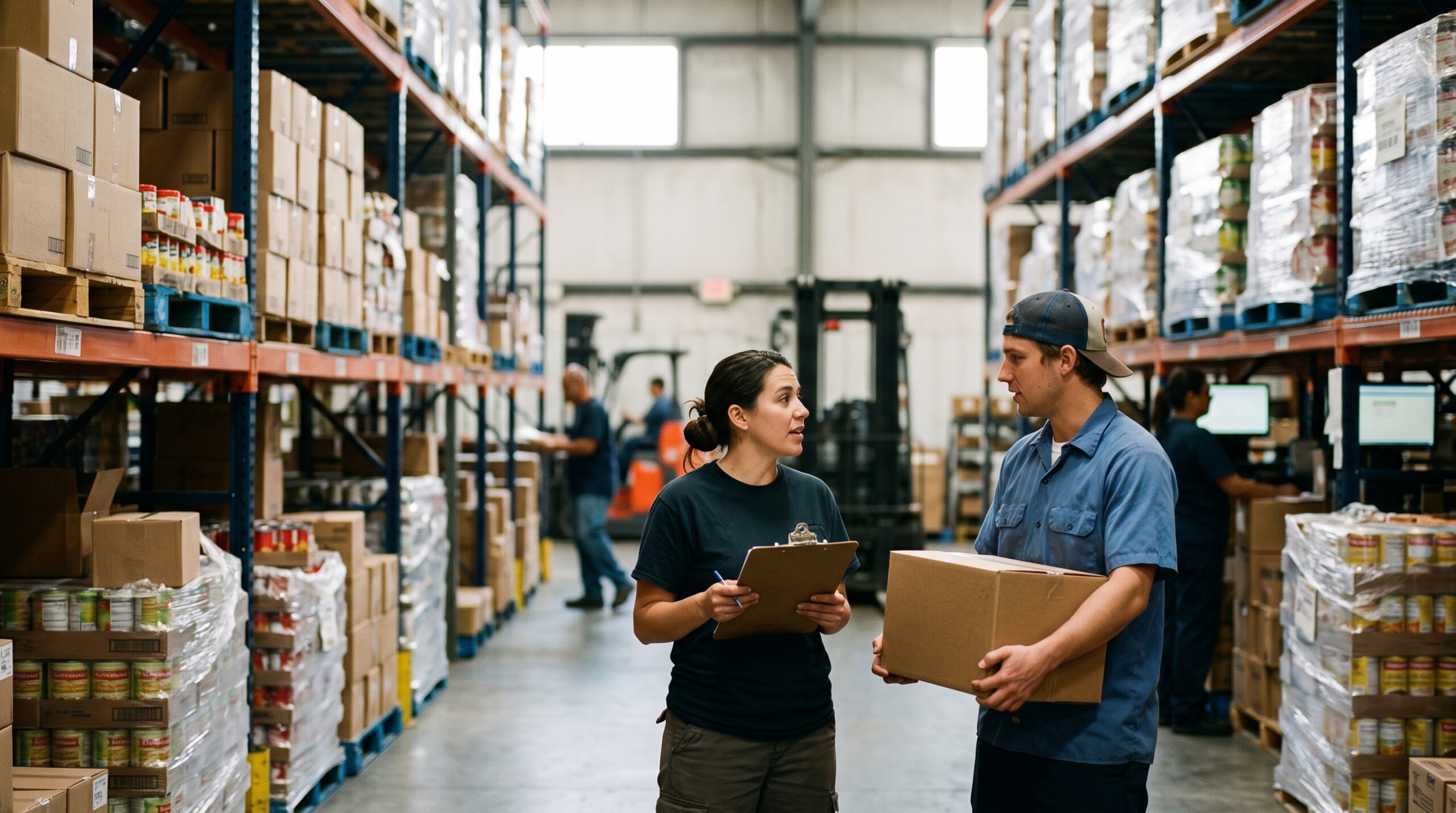 Warehouse worker handling packaged organic food product during receiving and quality check