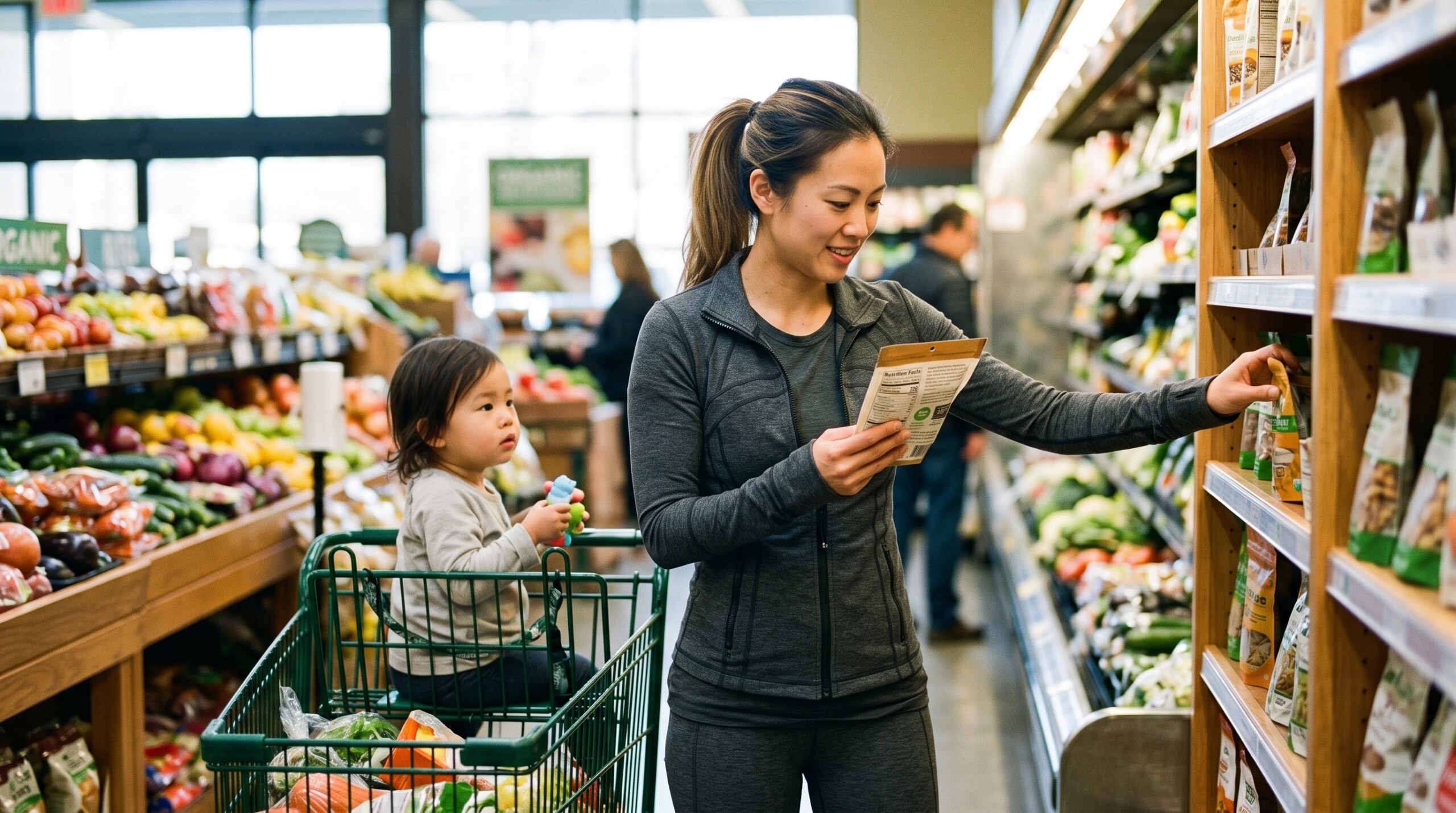 Shopper reviewing an organic certification label on packaged food in a grocery store