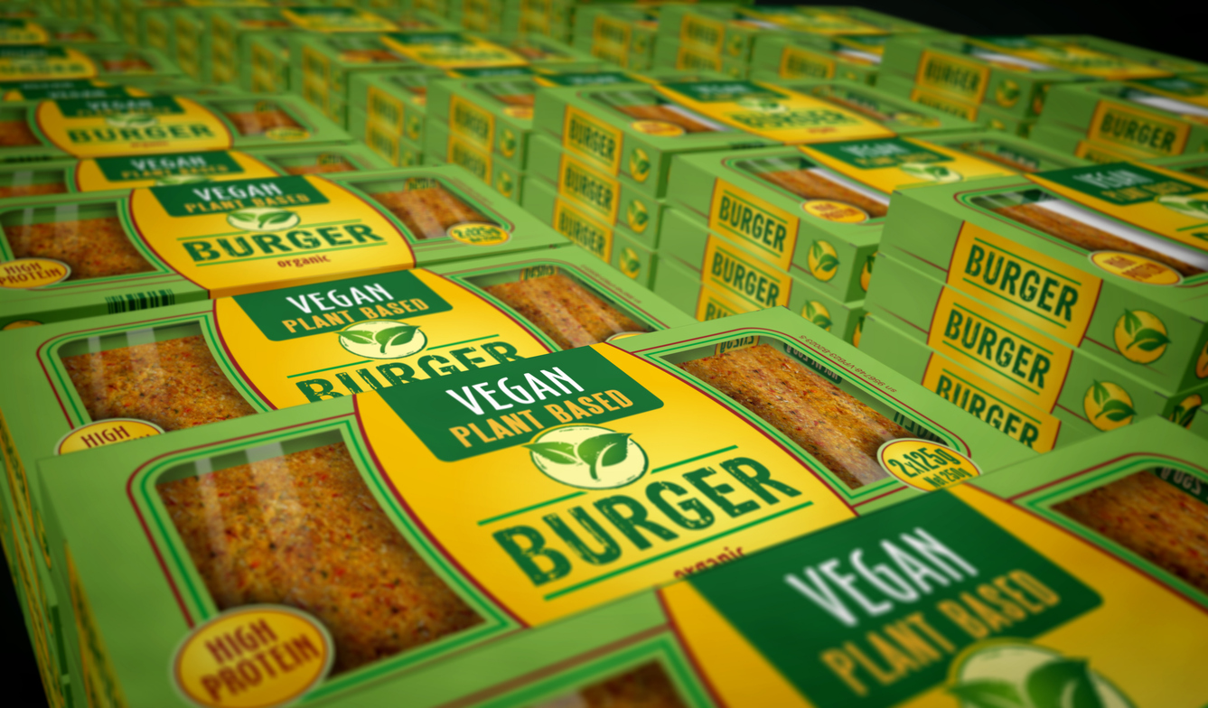 Vegan burger green organic certification food box production line. Vegetarian hamburger eco friendly meal pack factory. Abstract concept 3d rendering illustration.