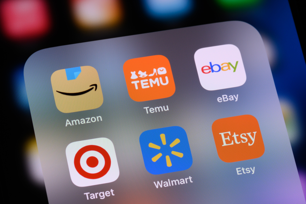 Popular online shopping apps on an Apple iPhone: Amazon, Temu, eBay, Target, Walmart and Etsy.