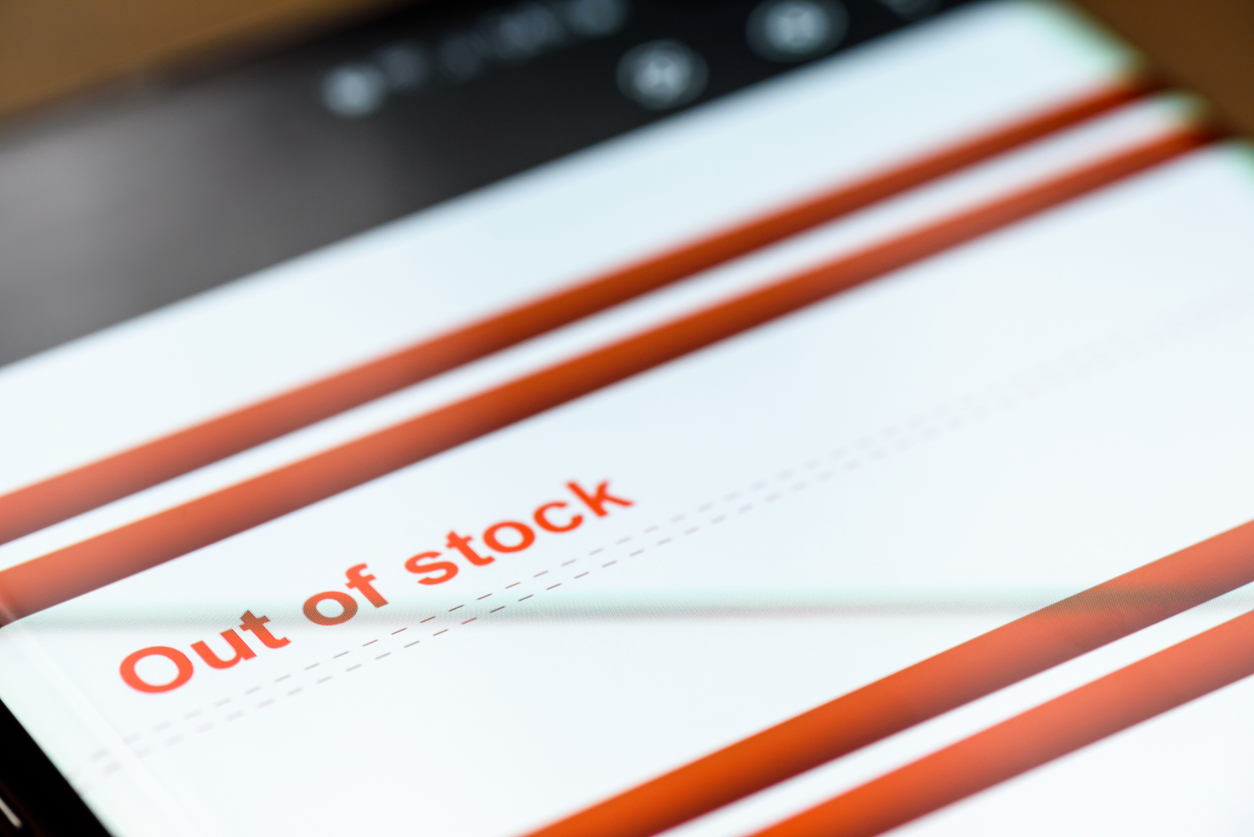 out of stock text on smart phone screen.