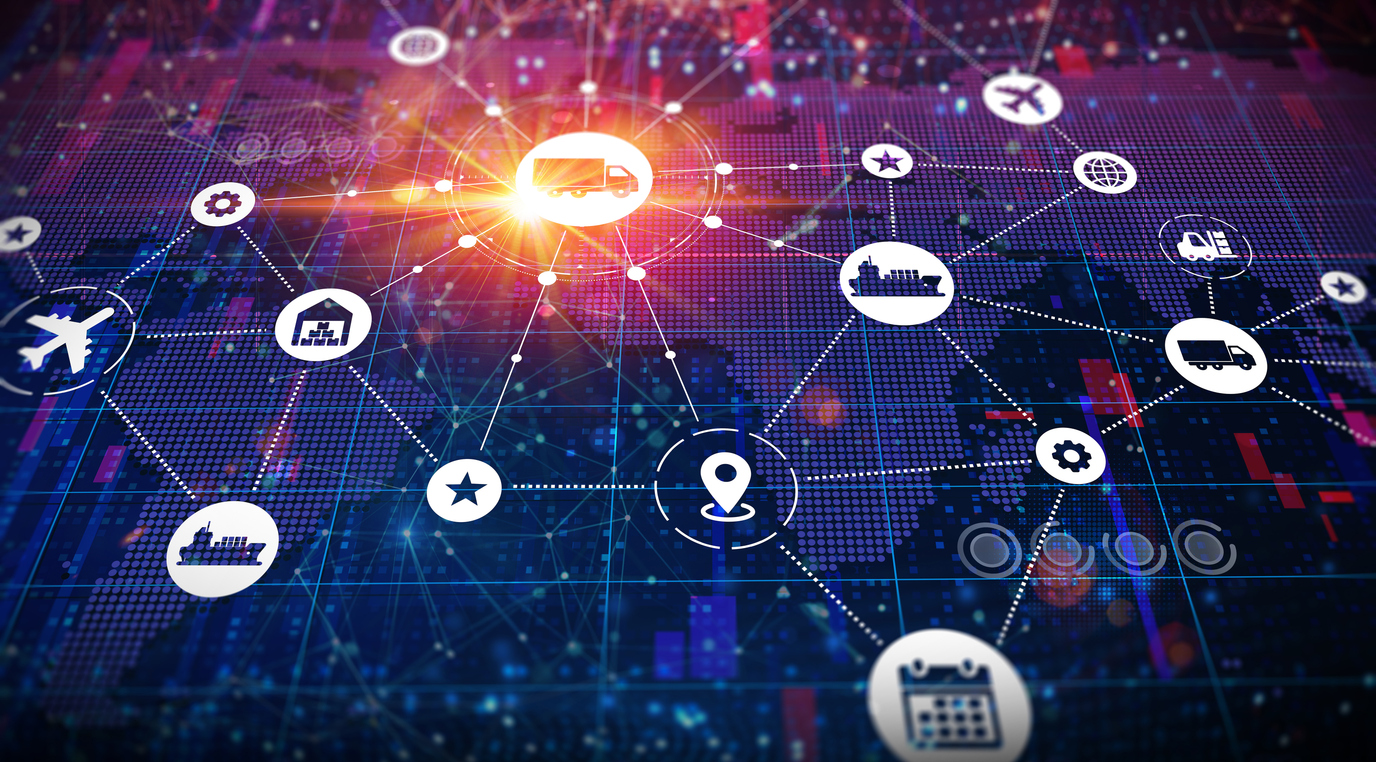 Supply Chain Management - SCM - The Coordinated Process of Producing and Delivering Goods and Services from Suppliers to Consumers - IOT 3PL Conceptual Illustration