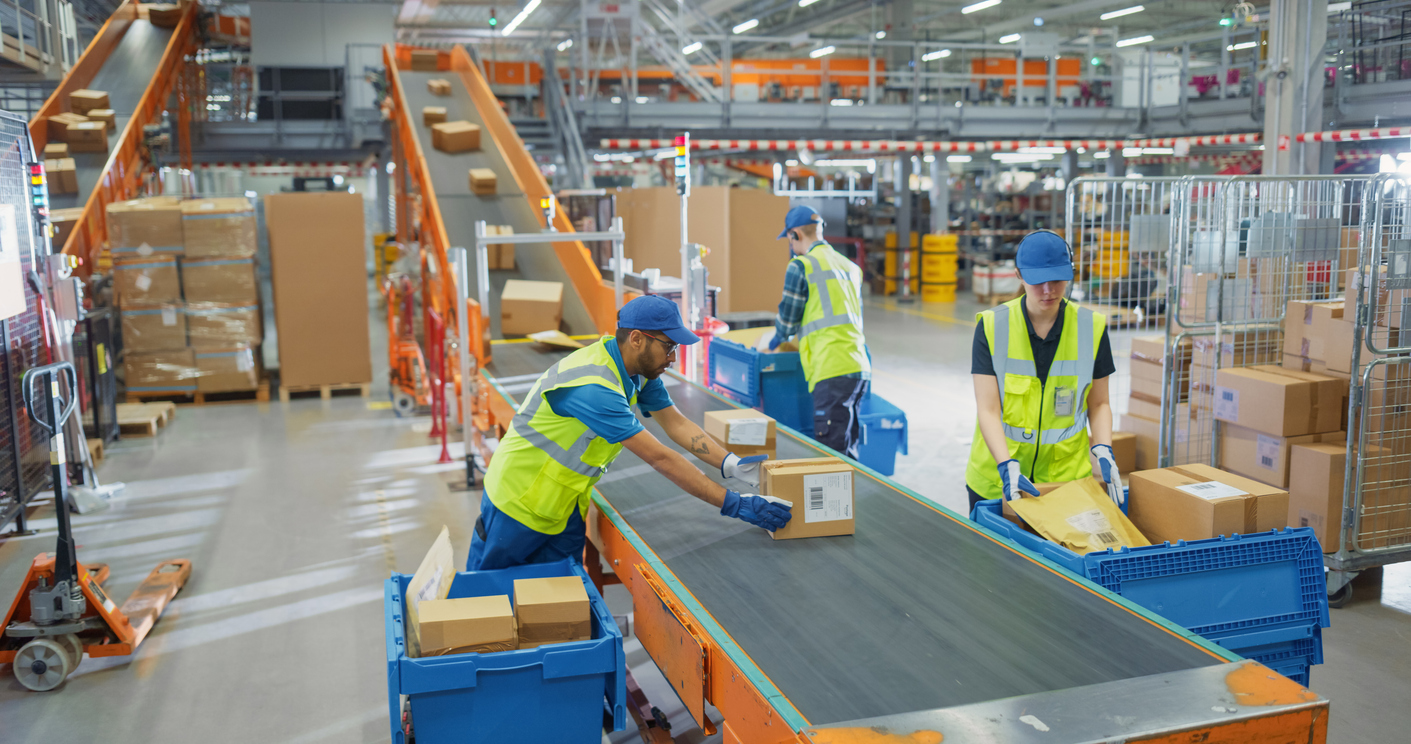 Warehouse team sorting parcels on a conveyor belt, streamlining fulfillment operations for printed matter shipments.