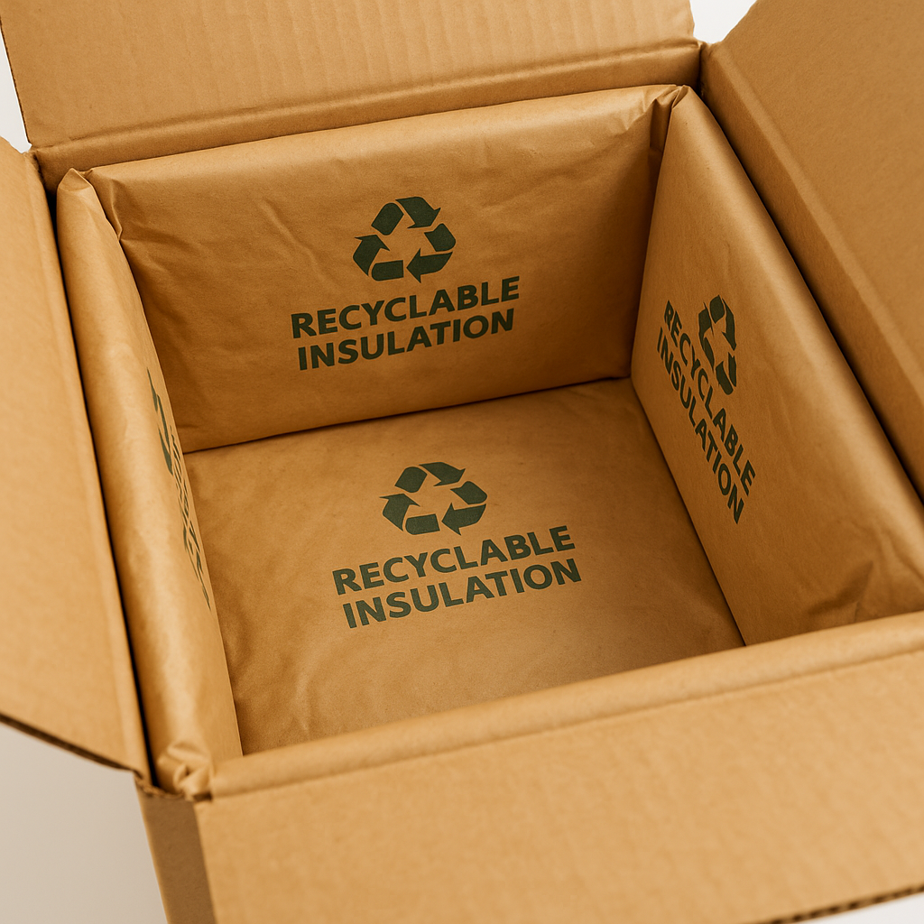 Open cardboard box lined with recyclable insulation used in temperature-controlled shipping for cosmetics and supplements.