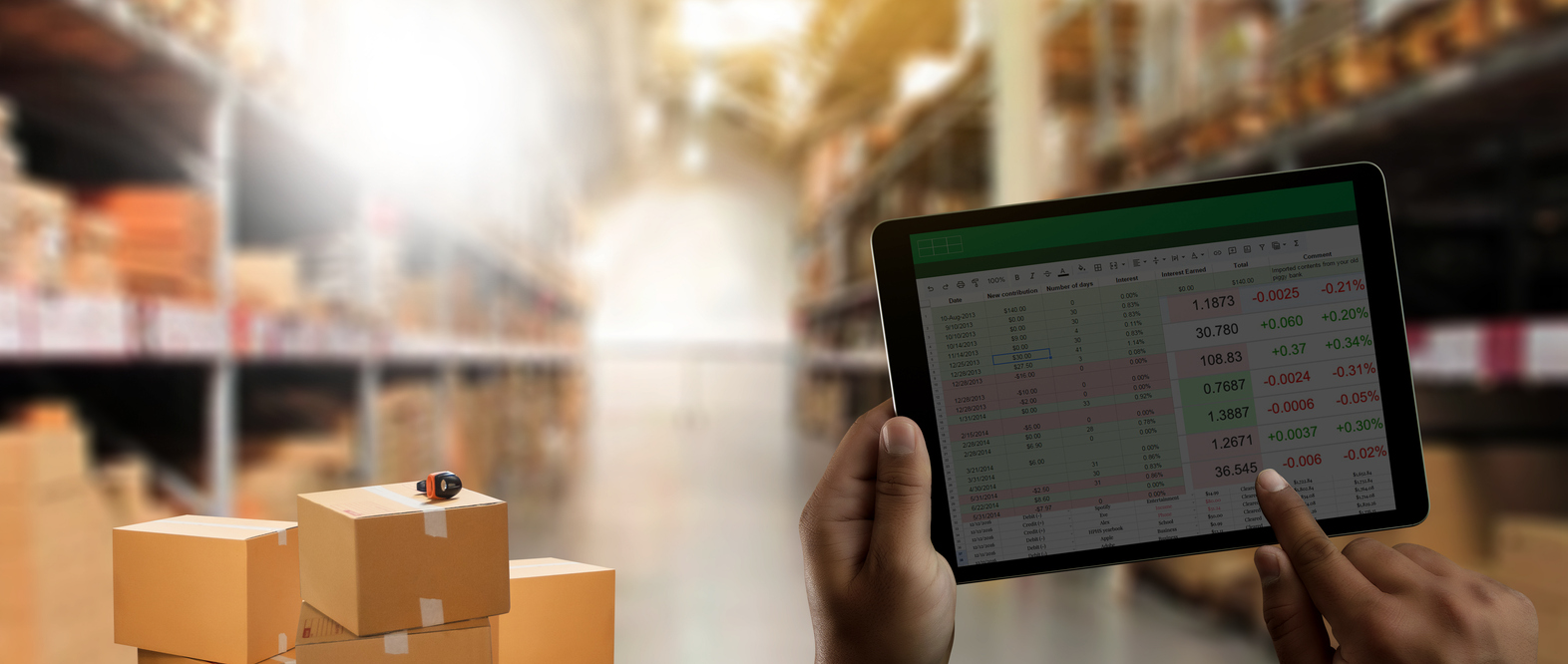 Warehouse inventory data displayed on a tablet, showing multi-region fulfillment strategy and real-time stock visibility.