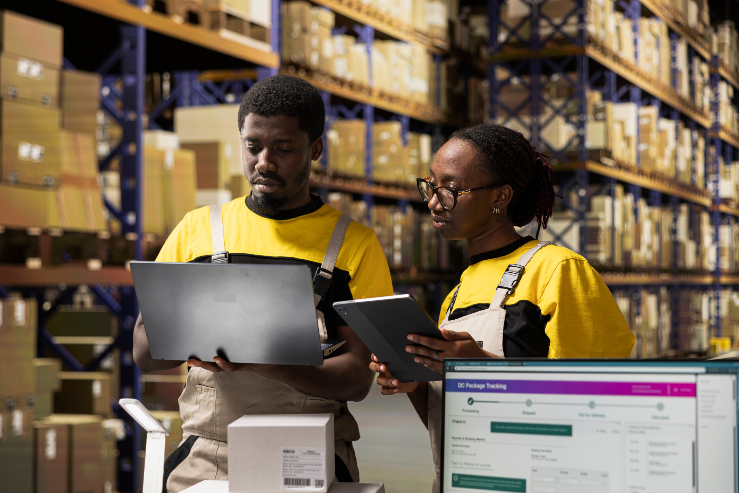Warehouse workers using laptop and tablet with digital package tracking system for real-time inventory management