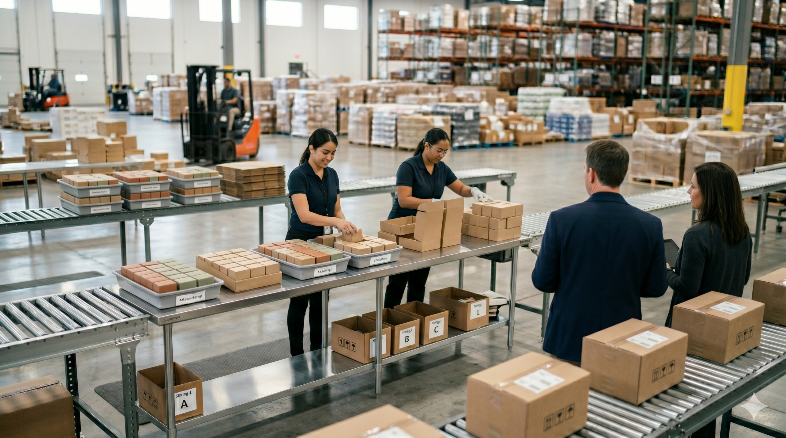 Kitting station with sorted product components and labeled boxes as team oversees multi-channel assembly